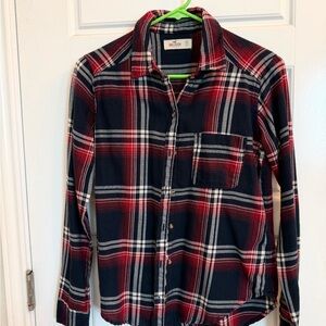 Hollister Navy and Red Plaid Button-Up Shirt